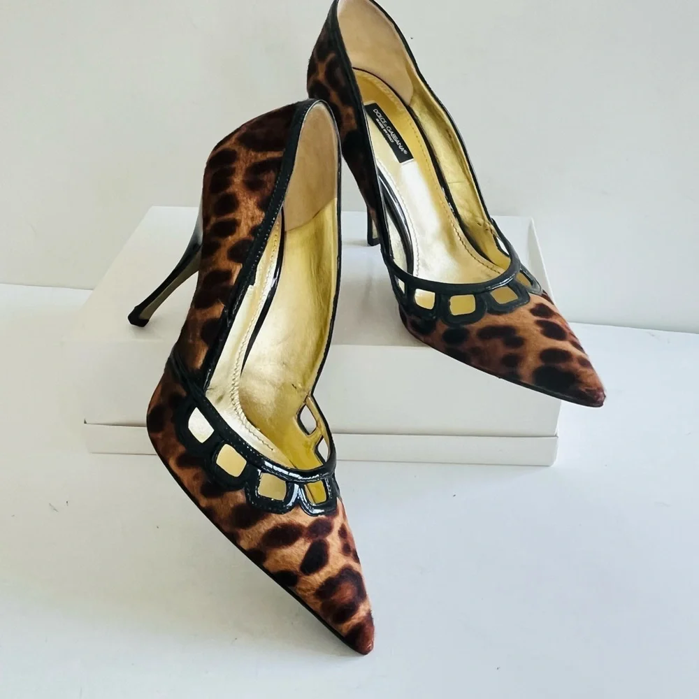 Dolce & Gabbana calf hair tan black animal print heels 38